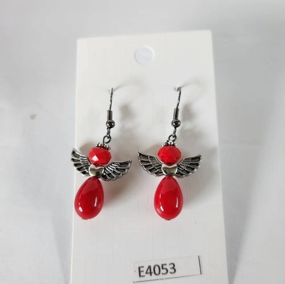 Hand Crafted Angel Earrings Red Silver Pierced Ears